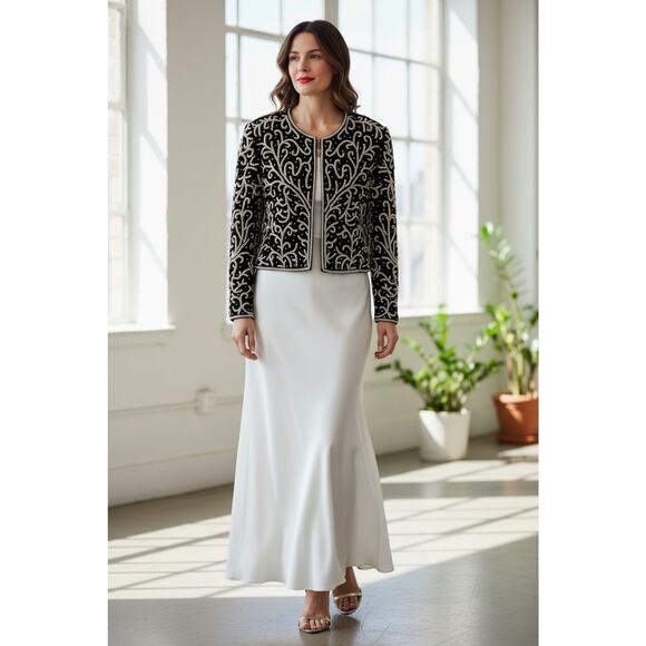 Vintage SILK Jacket Black White Pearls Sz SP Formal Holiday Party Glam Cropped - Picture 1 of 16